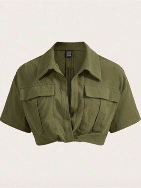 Cropped Utility Shirt Jacket - Olive Green